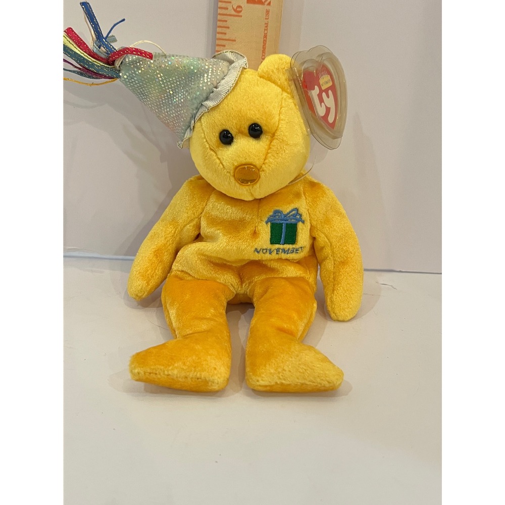 Ty Beanie Babies November Birthday Bear Yellow Plush Party Hat 2002 04550